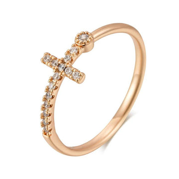 Popular Filled 14K Rose Gold Shiny AAA Zircon Diamonds Faith Cross Rings for Women - High Quality Fine Jewellery